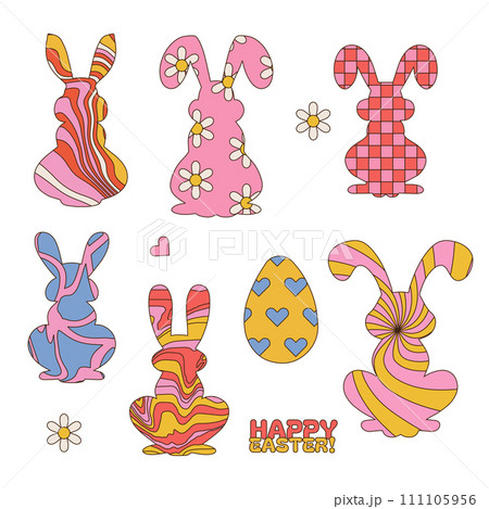 Easter set with bunny silhouettes with groovy patterns inside. Linear hand drawn vector illustration. 111105956