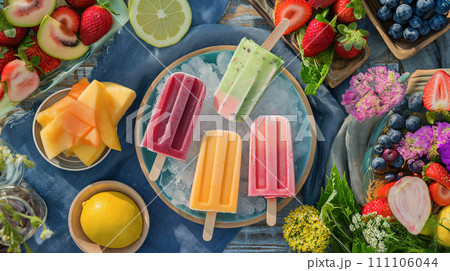 Fruit ice cream bars, various homemade frozen desserts with various fruits, AI generate. 111106044