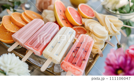 Fruit ice cream bars, various homemade frozen desserts with various fruits, AI generate. 111106047