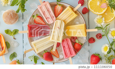 Fruit ice cream bars, various homemade frozen desserts with various fruits, AI generate. Fruit ice cream bars, various homemade frozen desserts with various fruits, AI generate. 111106050