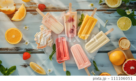Fruit ice cream bars, various homemade frozen desserts with various fruits, AI generate. Fruit ice cream bars, various homemade frozen desserts with various fruits, AI generate. 111106051