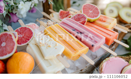 Fruit ice cream bars, various homemade frozen desserts with various fruits, AI generate. 111106052