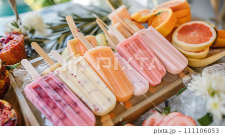 Fruit ice cream bars, various homemade frozen desserts with various fruits, AI generate. 111106053