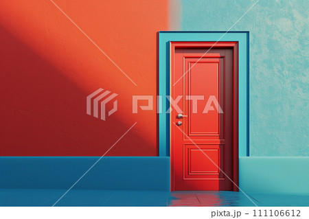 Door and house in vintage style in 3D illustration style on a colorful background 111106612