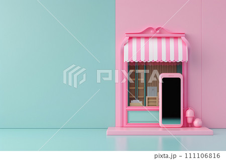 Mobile phone with store in the concept of online shopping in 3D illustration style on a colorful background 111106816