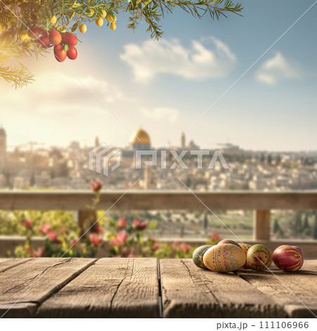 Easter is a major christian holiday, Easter eggs with gifts on a wooden background, blurred Jerusalem background, AI generate. 111106966