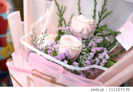 Flower arrangement with pink roses. Flower arrangement with pink roses. 111107170