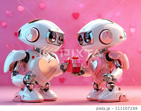 Happy robots enjoy spending time together and behave like human beings on Valentine's day background. 111107289