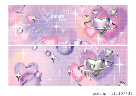 Y2k blur gradient heart background, love futuristic poster, vector trendy chrome 3D shapes grid.  111107435