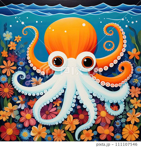Cute octopus illustration in cartoon style. 111107546