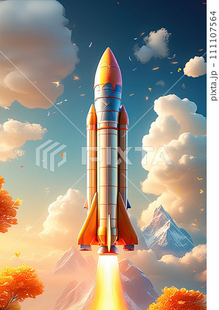 The rocket takes off from the planet. Colorful bright modern style illustration. 111107564