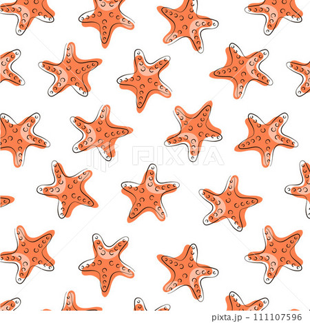 Abstract seamless pattern with starfish in line art style. Summer undersea design for fabric printing, textile. Vector illustration on a white background. 111107596