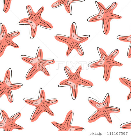 Starfish seamless pattern in line art style. Undersea cartoon design for wallpaper, wrapping, fabric and textile. Vector illustration on a white background. 111107597