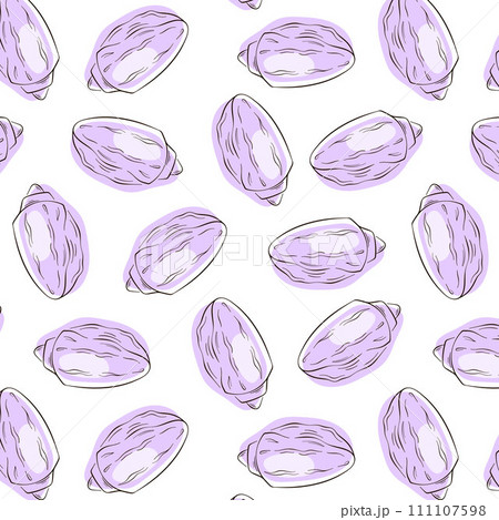 Seashell seamless pattern in line art style. Undersea summer design for textile, package, sea food restaurant. Vector illustration on a white background. 111107598