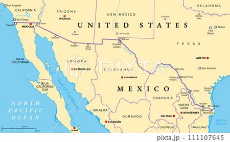 Mexico-United States border political map. International border between the countries Mexico and the USA, with states, capitals, and most important cities. Most frequently crossed border in the world. 111107645