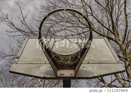 Steel basketball backboard with the hoop metal ring and steel chain net against branches and sky seen from below. 111107669