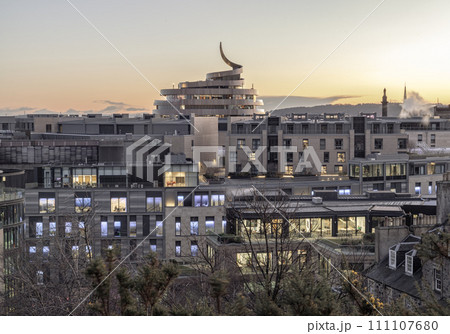 Aerial view of St James Quarter shopping centre at sunset in Edinburgh. 111107680