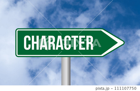 Character road sign on cloudy sky background Character road sign on cloudy sky background 111107750