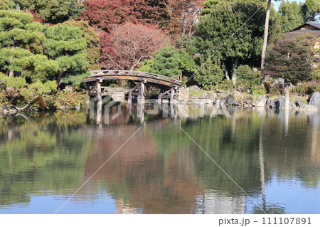京都 渉成園 侵雪橋、印月池と紅葉 京都 渉成園 侵雪橋、印月池と紅葉 111107891