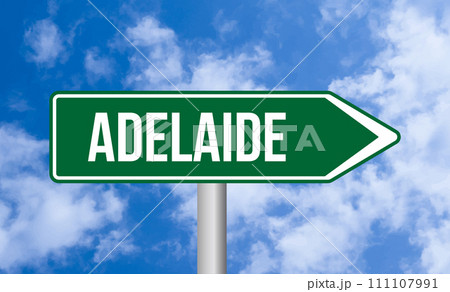 Adelaide road sign on blue sky background Adelaide road sign on blue sky background 111107991