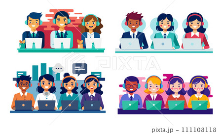 Diverse team of professionals working in office settings, vector illustrations 111108118