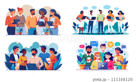 Diverse teams engaged in business collaboration and communication 111108120