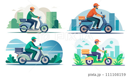 Delivery men on scooters in urban scenes vector illustrations 111108159