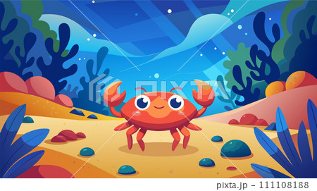 Colorful underwater scene with cute cartoon crab on sandy ocean floor Colorful underwater scene with cute cartoon crab on sandy ocean floor 111108188