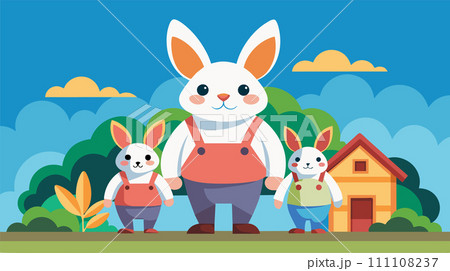 Happy rabbit family with children and home in nature Happy rabbit family with children and home in nature 111108237