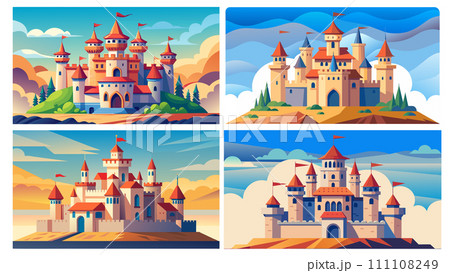 Fairy tale castles at different times of day, vector illustration set 111108249
