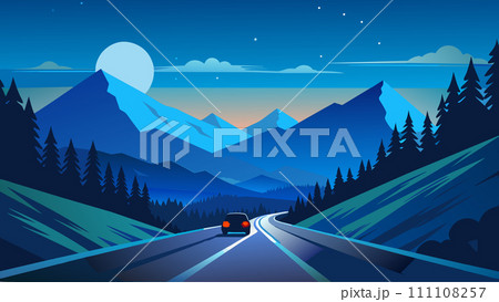 Serene nighttime mountain drive vector illustration with full moon Serene nighttime mountain drive vector illustration with full moon 111108257