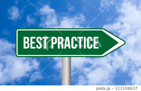 Best practice road sign on sky background Best practice road sign on sky background 111108637
