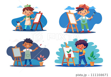 Children painting and drawing in art class, creative kids vector illustration set 111108671