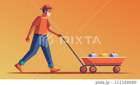 Worker pulling wagon with milk bottles vector illustration on orange background Worker pulling wagon with milk bottles vector illustration on orange background 111108690