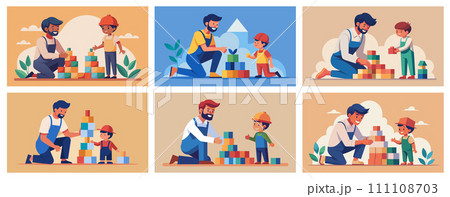 Vector illustration of father and son building blocks together, family bonding time Vector illustration of father and son building blocks together, family bonding time 111108703