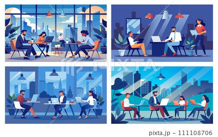 Modern office life and business work environments vector illustrations Modern office life and business work environments vector illustrations 111108706