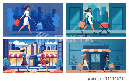 Dynamic women shopping in the city, fashionable urban life scenes 111108714
