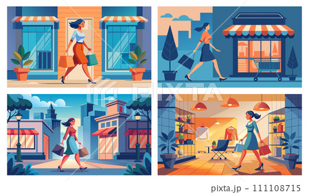 Stylish woman enjoying shopping spree in various city locations vector illustration set 111108715