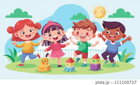 Happy multicultural children playing outdoors together in a park Happy multicultural children playing outdoors together in a park 111108727
