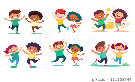 Joyful children playing and jumping happiness concept vector illustration 111108744