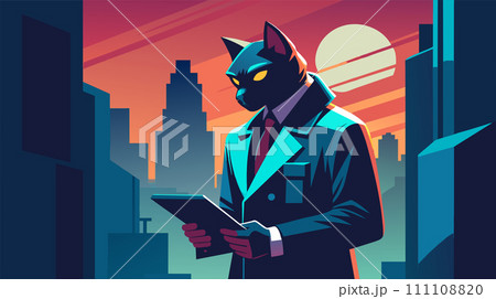 Anthropomorphic cat detective in a stylish suit standing in an urban sunset scene 111108820