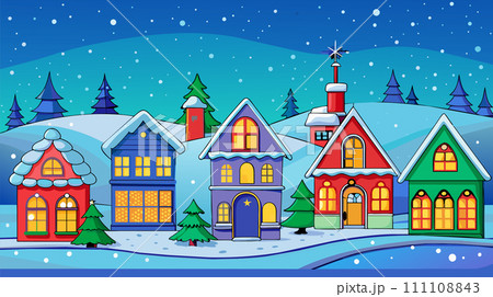 Colorful cartoon christmas village with snowy houses and trees 111108843