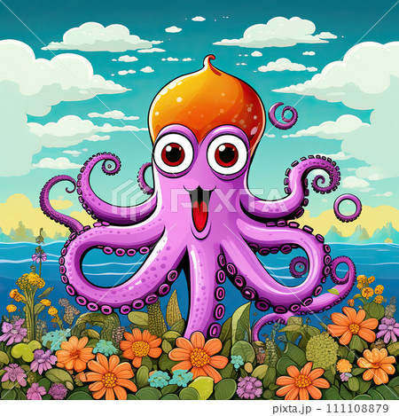 Cute octopus illustration in cartoon style. 111108879