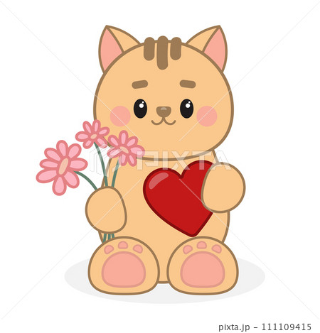 cute cartoon cat with a heart and flowers in hands 111109415