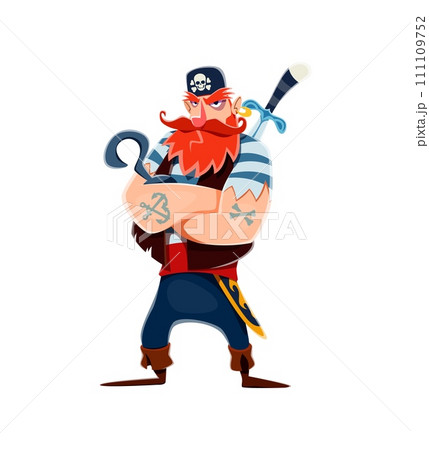 Cartoon pirate sailor character with hook and sword. Funny pirate vector personage of red bearded man wearing black bandana with crossbones skull and vest. Angry corsair standing with crossed arms Cartoon pirate sailor character with hook and sword. Funny pirate vector personage of red bearded man wearing black bandana with crossbones skull and vest. Angry corsair standing with crossed arms 111109752