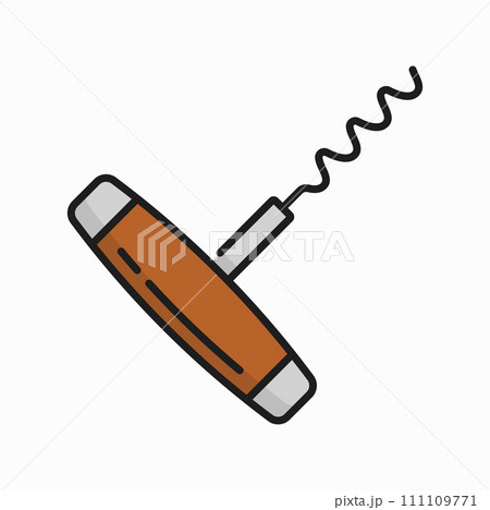 Corkscrew to uncork drinks twisted spin to open wine color line icon. Vector winery bottles opener, twisted tool with wooden handle to open wine Corkscrew to uncork drinks twisted spin to open wine color line icon. Vector winery bottles opener, twisted tool with wooden handle to open wine 111109771