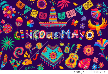 Colorful Cinco de Mayo banner with tropical flowers, poncho and sombrero, vector guitar and maracas. Mexican holiday Cinco de Mayo fiesta background with papel picado flags, taco, burrito and tequila 111109783