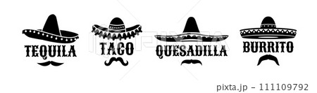Mexican sombrero with taco and tequila, burrito and quesadilla letterings. Vector silhouettes of mexican carnival mariachi musician of charro cowboy hats set with black moustaches and ethnic ornaments Mexican sombrero with taco and tequila, burrito and quesadilla letterings. Vector silhouettes of mexican carnival mariachi musician of charro cowboy hats set with black moustaches and ethnic ornaments 111109792