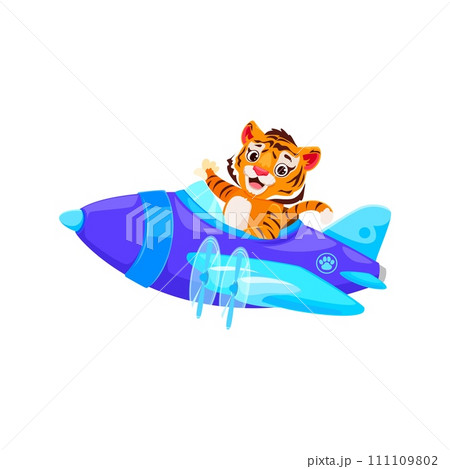 Tiger pilot on airplane, cartoon animal aviator in plane, vector funny toy character. Tiger pilot flying in propeller airplane, zoo animal aviator for kids mascot or t-shirt design 111109802