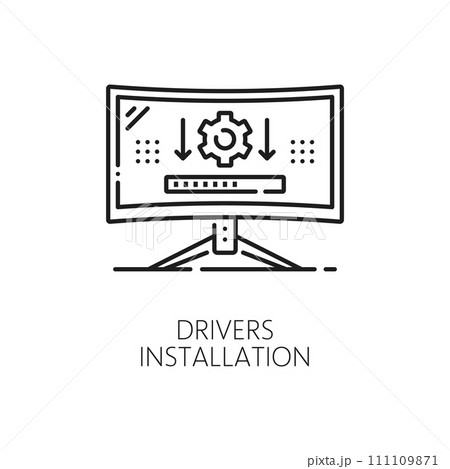 Computer software line icon of driver installation, outline vector. PC or laptop hardware and computer service center, maintenance and support of digital device with drivers update installation Computer software line icon of driver installation, outline vector. PC or laptop hardware and computer service center, maintenance and support of digital device with drivers update installation 111109871